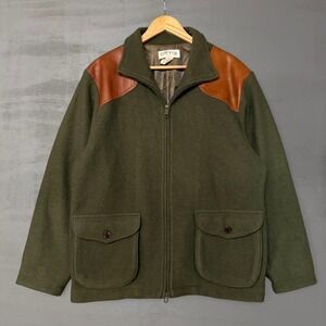 RARE Orvis Wool Field Jacket Green Leather Shoulder Patches Full Zip Men's Large